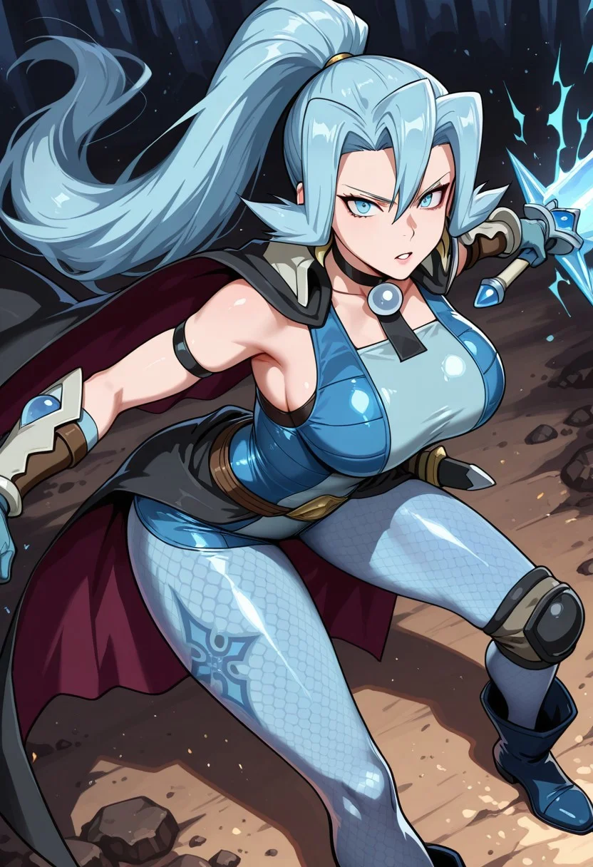 artist:moriimee,hentaix,
1 girl, solo, solo girl,  beautiful girl, anime, anime quality,
Holding ice lance, shining frost aura, 
  masterpiece,best quality,absurdres, amazing quality,
detailed face, 
Battleground, 
, s,    perfect anatomy, 
, frowning, war cry, 
Action pose, attacking, 
, looking back at viewer,
pmc1r, blue hair, high ponytail, long hair, hair between eyes, blue eyes, large breasts, earrings, black choker, blue bodysuit, sleeveless bodysuit, two-tone bodysuit, blue shorts, black cape, blue gloves, blue boots
, sheathed dagger, waist cape, armlet, vambraces, patterned pantyhose, single knee pad, black boots