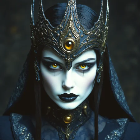 ArsMovieStill, Gothic Dark Fantasy movie still, The image is a close-up portrait of a woman's face and upper body. She is wearing a black and gold mask with intricate designs and patterns. The mask is made of a dark material possibly leather or metal and has a large ornate crown-like design on top. The crown is intricately designed with a large eye in the center and two pointed horns on either side. The woman's eyes are dark and dramatic with dark eyeliner and mascara on her lips. She has long dark hair that is pulled back in a sleek straight style. Her face is painted white with a hint of black lipstick on her cheeks and nose. The background is dark and out of focus making the mask stand out even more. The overall mood of the image is dark mysterious and edgy., 1girl, solo, looking at viewer, yellow eyes, portrait, black lips, black background, pale skin, black hair, simple background