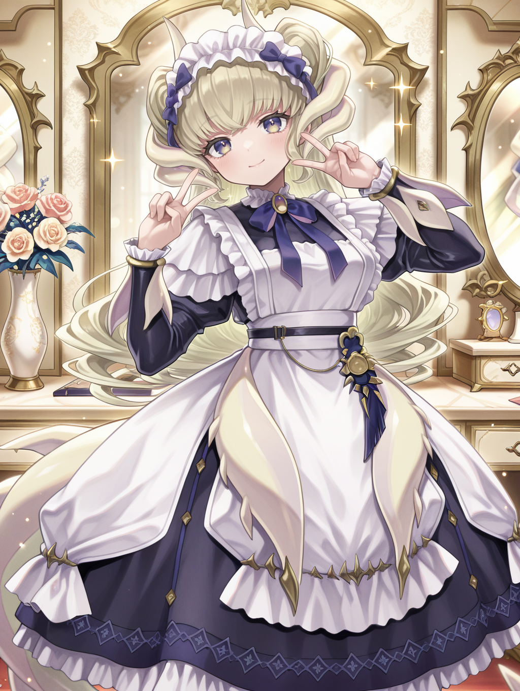 dragonmaid latys,1girl,solo,indoors,flower,looking at viewer,mirror,dressing room,smile,upper body,standing,sparkle,hands up,closed mouth,blue maid dress,blue bow hairband,dragon girl,blue thigh boots,head tilt,(double v),
masterpiece,best quality,amazing quality,very aesthetic,absurdres,newest,<lora:Dragonmaid latys illuXL v1:0.82>,