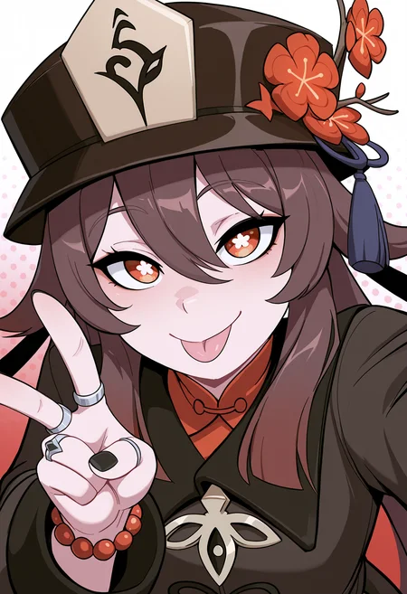 very aesthetic, masterpiece, best quality, newest, absurdres, highres,
schpicy, 1girl, solo, (hu tao \(genshin impact\), brown hair, long hair, red eyes, star-shaped pupils, petite), [genshin impact],
black shirt, black hat, ring, upper body, bead bracelet, red bracelet,
tongue out, closed mouth, v, peace sign, reaching towards viewer, selfie, looking at viewer, black nails,
(simple background, red background, polka dot background, white background, gradient background), Rating:General,
<lora:Schpicy_Style_for_Illustrious-000015:1>âââ
