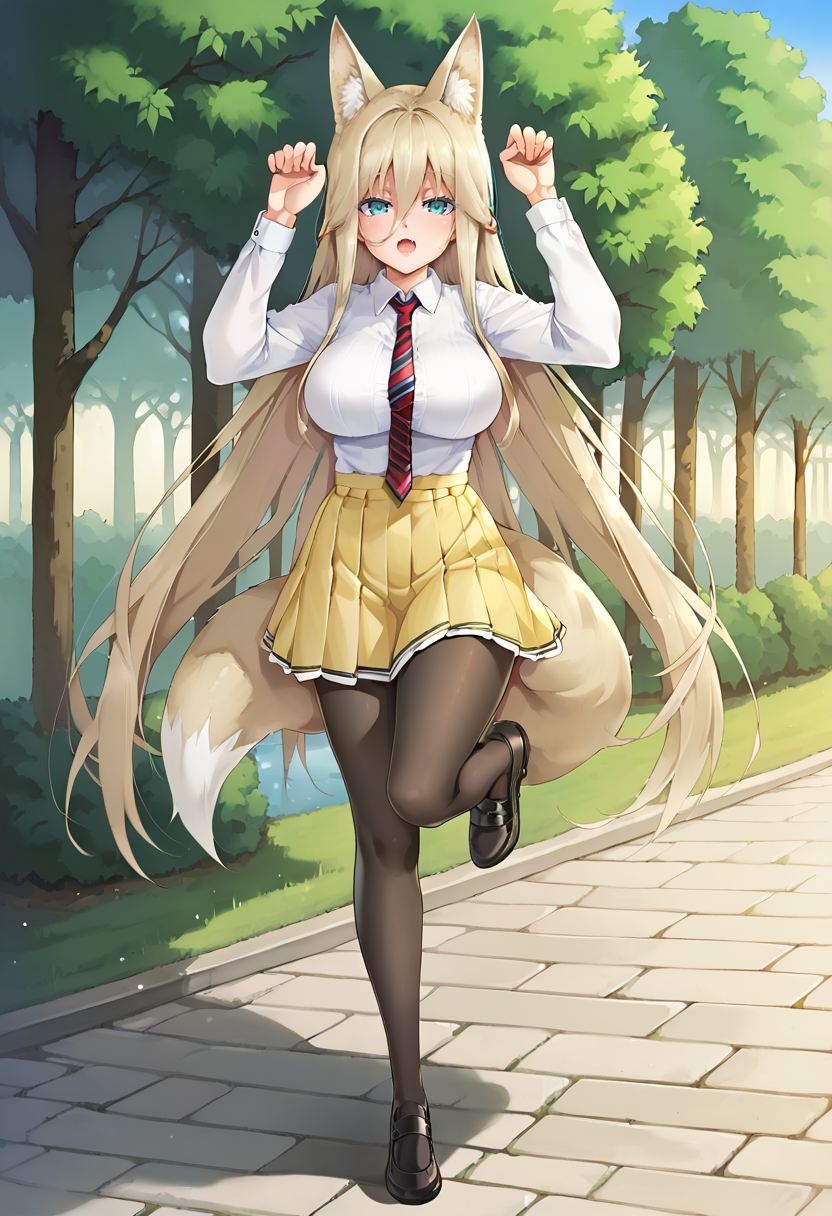 score_9, score_7_up, 1girl,animal ears,aqua eyes,arms up,black pantyhose,dress shirt,fang,fox ears,fox girl,fox tail,full body,outdoors, park,hair between eyes,high-waist skirt,large breasts,light brown hair,long sleeves,looking at viewer,necktie,open mouth,panties under pantyhose,panty peek,paw pose,pleated skirt,shoes,standing on one leg,underwear,very long hair,white shirt,yellow skirt <lora:happou_jin-Style-PonyXL-Dora-000037:1>