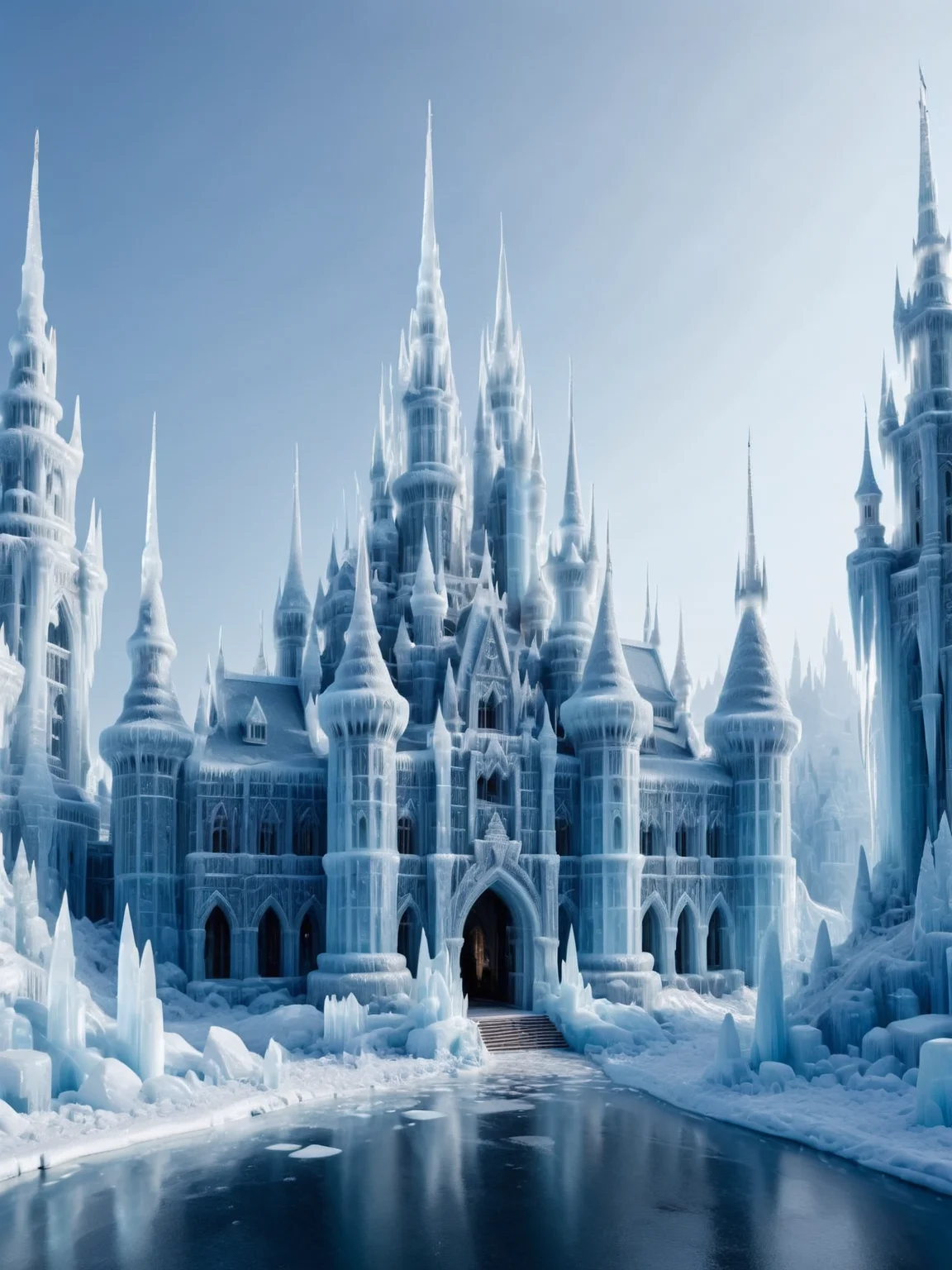 A dramatic ais-icebabycastle, with towering spires and intricate ais-icebaby sculptures adorning its walls.<lora:Ice_Style_SDXL:1>