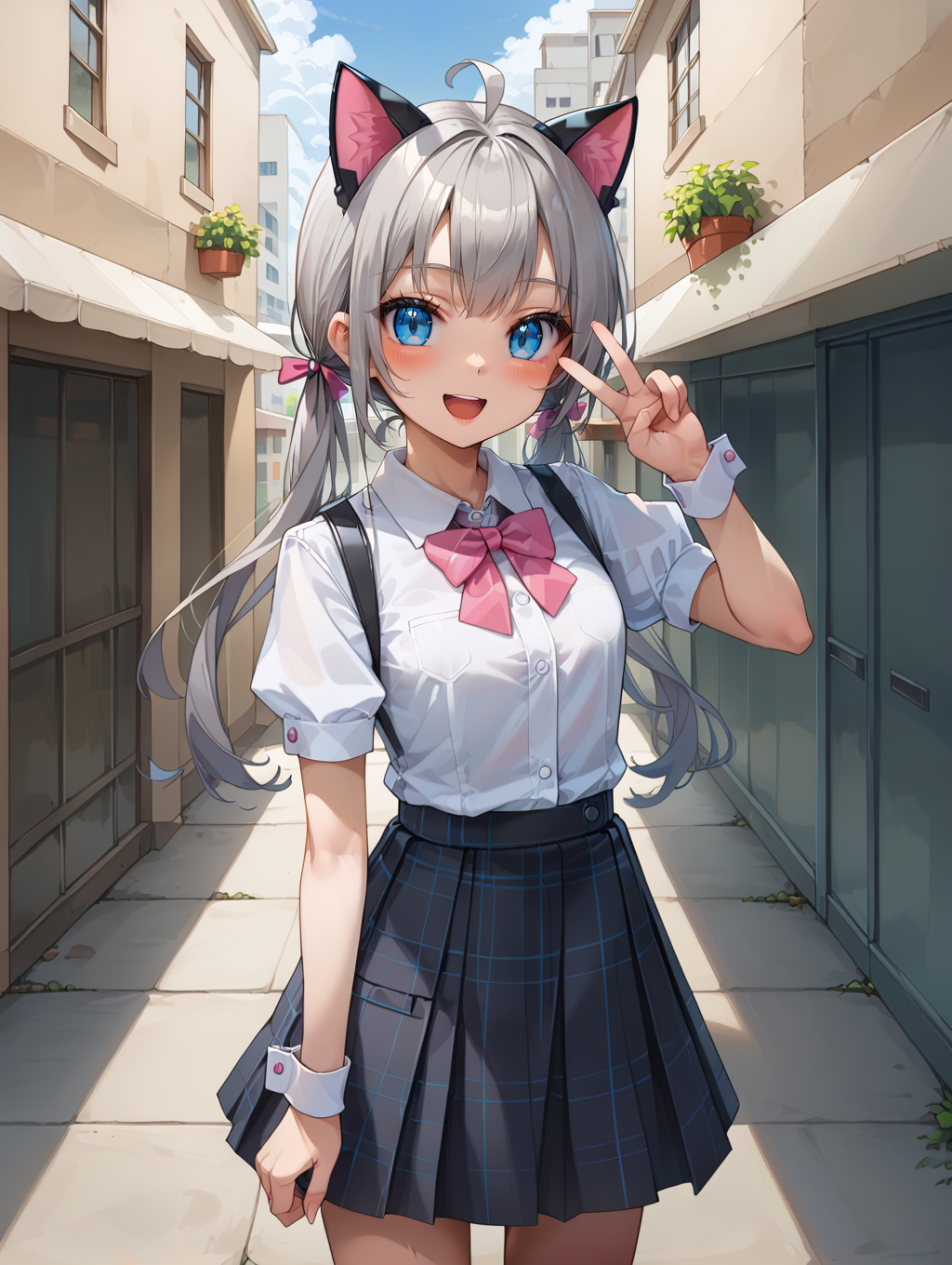 1girl, 
cowboy shot, solo, puffy sleeves, open mouth, long hair, smile, bow, collared shirt, puffy short sleeves, twintails, pleated skirt, ahoge, plaid, looking at viewer, skirt, standing, pink bowtie, shirt, white shirt, bowtie, arm at side, plaid skirt, hand up, blue eyes, sidelocks, blush, grey hair, black skirt, pink bow, :d, short sleeves, low twintails, very long hair, miniskirt, wrist cuff,
the outfit has a bow on the left side of her chest and a small pocket on the right side. she has a pair of cat ears on her head and is holding up a peace sign with her right hand. the background is light blue with small white stars scattered around. the girl appears to be happy and confident.
score_9, score_8_up, score_7_up, source_anime
 <lora:style022-1:0.75>