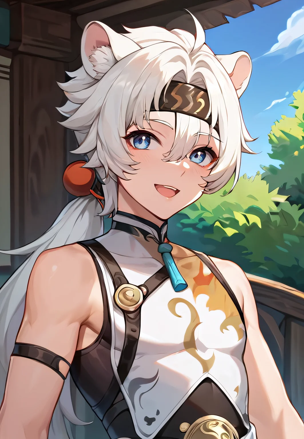 score_9, score_8_up, score_7_up, all in one, masterpiece, best quality, lots of details, (1boy:1.3), male focus, (narrow waist:1.5), <lora:sdxl_lightning_8step_lora:0.75> , closed mouth, shaded, detailed shading, detailed skin, shaded skin, realistic shading, looking at viewer, countershading:1.1, outdoors, <lora:add-detail-xl:0.7>, <lora:Smooth Anime 2 Style SDXL_LoRA_Pony Diffusion V6 XL:0.65>, , , , sloppy open mouth, cute smile, , hair between eyes, <lora:lingyang-08:0.55>, (lingyang:1.3), ponytail, blue eyes, tail, animal ears, (default outfit:1.3), (upper body:1.2), headband,