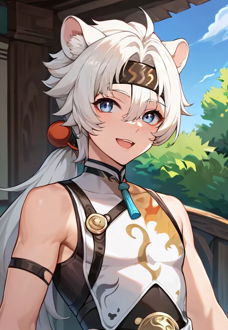 score_9, score_8_up, score_7_up, all in one, masterpiece, best quality, lots of details, (1boy:1.3), male focus, (narrow waist:1.5), <lora:sdxl_lightning_8step_lora:0.75> , closed mouth, shaded, detailed shading, detailed skin, shaded skin, realistic shading, looking at viewer, countershading:1.1, outdoors, <lora:add-detail-xl:0.7>, <lora:Smooth Anime 2 Style SDXL_LoRA_Pony Diffusion V6 XL:0.65>, , , , sloppy open mouth, cute smile, , hair between eyes, <lora:lingyang-08:0.55>, (lingyang:1.3), ponytail, blue eyes, tail, animal ears, (default outfit:1.3), (upper body:1.2), headband,