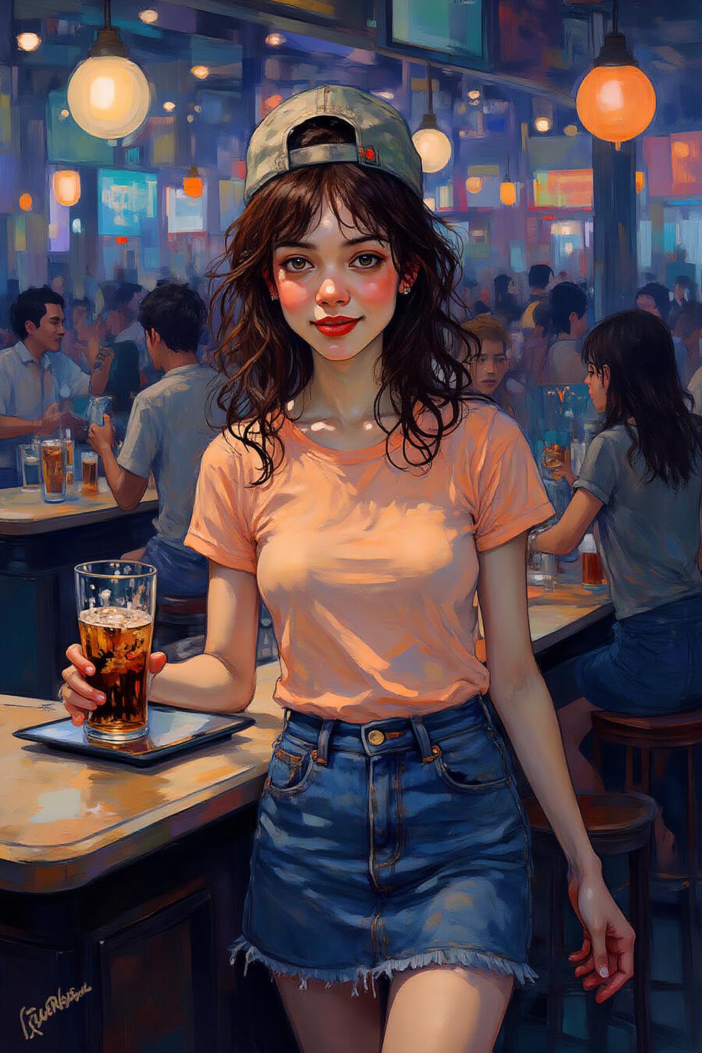 kaoruyamada1 painting.
The air buzzes with the energy of a busy bar, a mix of music, conversation, and the clinking of glasses. A barmaid, the embodiment of youthful vibrancy, navigates the lively scene. She wears a peach-coloured T-shirt, the soft fabric contrasting with the smooth, cold glass of coke she carries on a small tablet. Her short skirt adds a playful touch, and a backwards baseball cap hints at a carefree attitude. The setting and atmosphere are palpable: the warm, slightly sticky surface of the bar counter under her fingertips, the dim, colourful lighting that casts playful shadows. Sensory details are abundant: the condensation forming on the glass of coke, the texture of her denim skirt, and the way the bar lights catch the highlights in her hair. Her confident stride, her quick smile, and her efficient movements. Stylistically, the image draws inspiration from the vibrant, candid shots of nightlife photographers, with a touch of the stylized realism found in contemporary illustration. There's a deliberate contrast between the barmaid's youthful energy and the slightly worn, lived-in atmosphere of the b <lora:kaoruyamada1_f16e9:1.0><lora:868882017150868351:0>