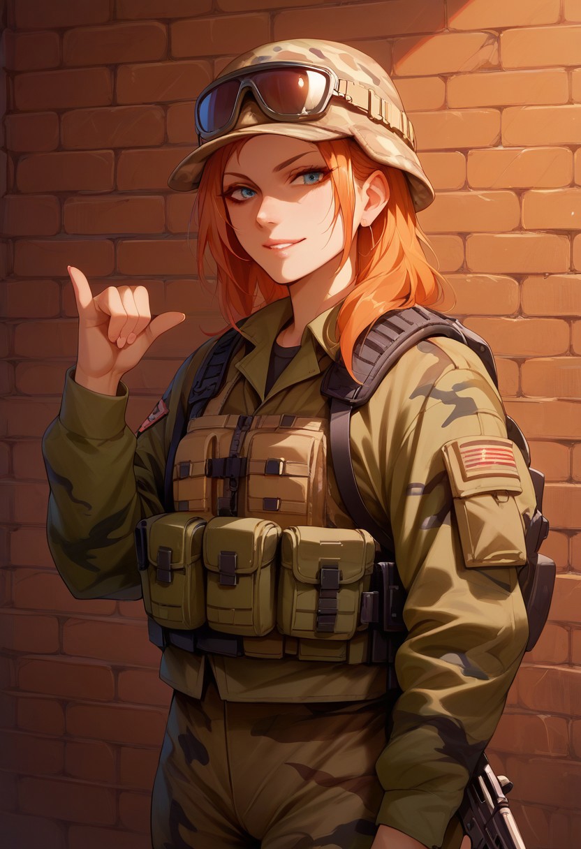 score_9, score_8_up, score_7_up, score_6_up, score_5_up, colourful, 8k, 1girl, solo, shaka, gesture, hand sign, brick wall, military clothes, camouflage, tactical gear, weapon,