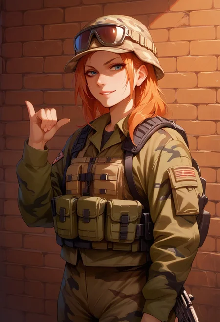 score_9, score_8_up, score_7_up, score_6_up, score_5_up, colourful, 8k, 1girl, solo, shaka, gesture, hand sign, brick wall, military clothes, camouflage, tactical gear, weapon,