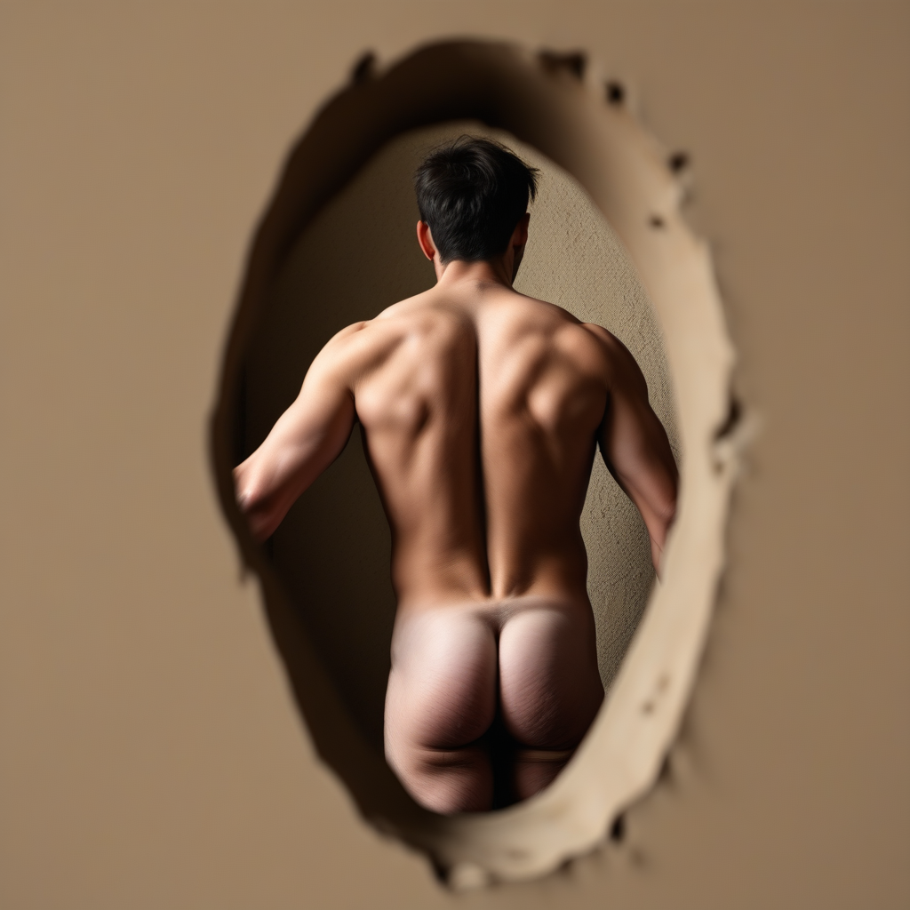 Hole in the wall, nude man