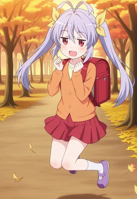 masterpiece,best quality, very aesthetic,anime coloring,
autumn park, fallen leaves, deciduous trees, leaves gently falling, warm sunset light, a girl raising both hands up, cheerful pose, joyful expression, golden hour, peaceful atmosphere,excited expression, jumping slightly, playful mood,

red eyes,jitome,light purple hair,long hair,twintails,antenna hair,yellow hairribbon,orange cardigan,light yellow shirt,red pleated skirt,white socks,purple shoes,randoseru,child,