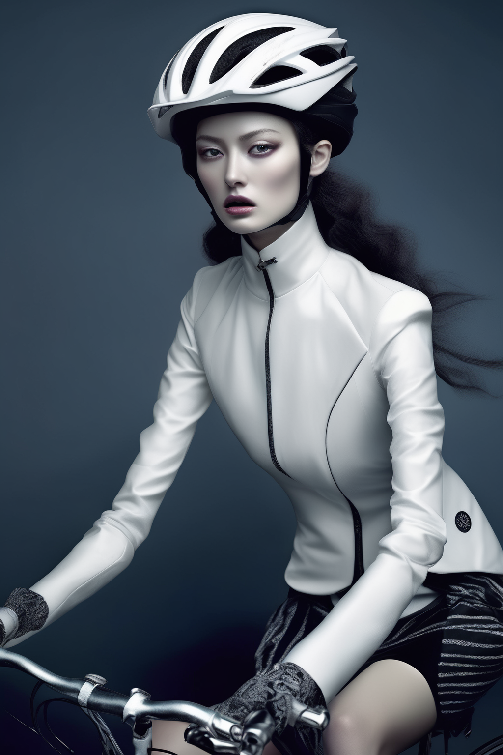 <lora:Zhang Jingna Style:1>Zhang Jingna Style - A lifelike fashionable female cyclist, with a surreal fashion photography style. Zhang Jingna and Alexander Wang 32K uhd