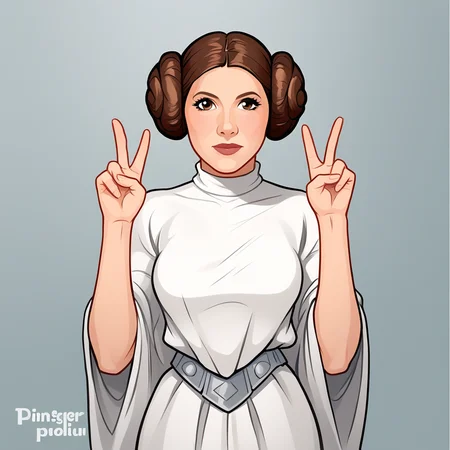 score_8_up, BREAK, princessleia, 1girl, solo, brown hair, hair buns, brown eyes, white dress, belt, cowboy shot, double v, <lora:PrincessLeia_PXL_Leaf1:1>