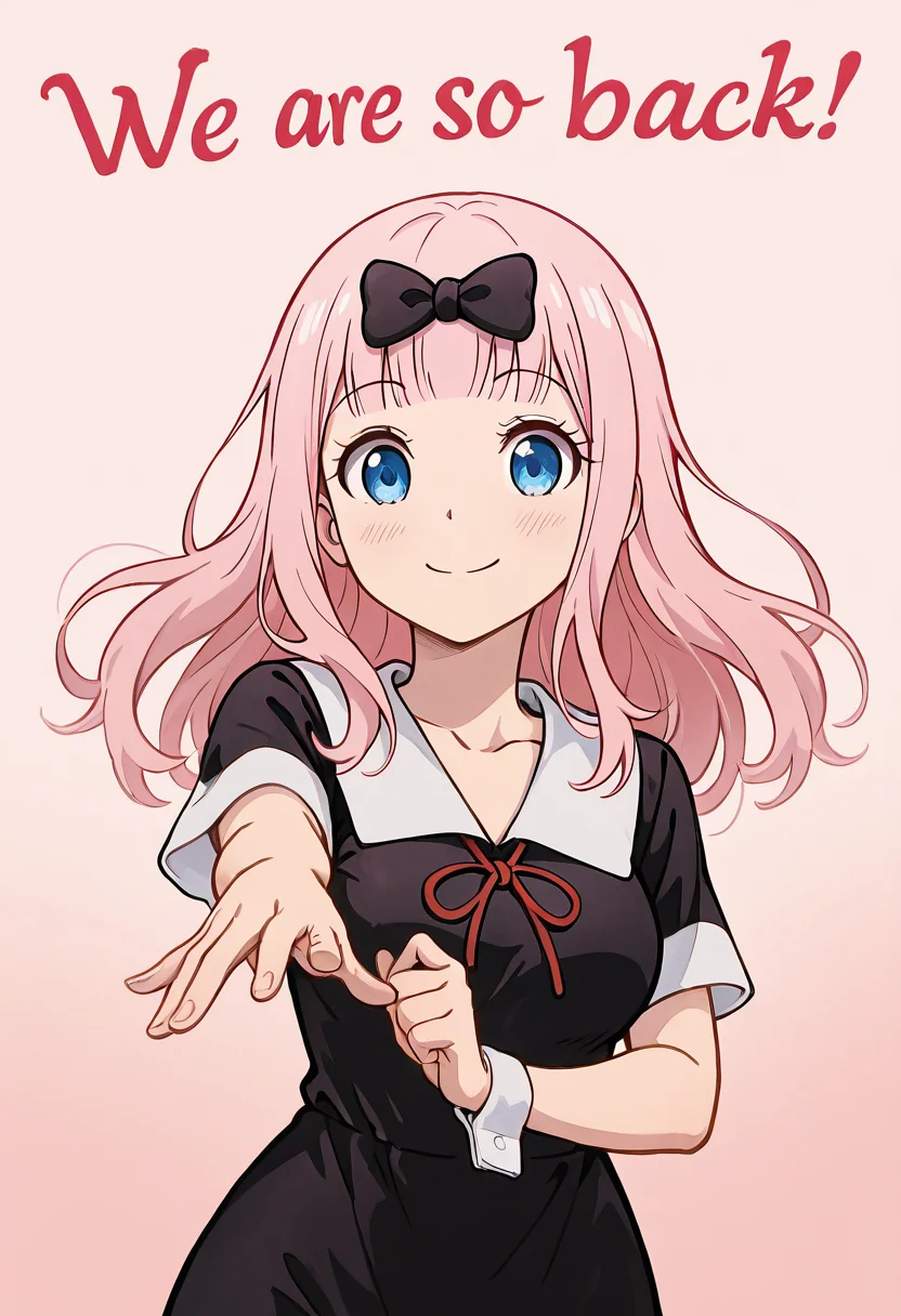 masterpiece, best quality, 1girl, solo, eyelashes, (beautiful eyes),    We4reSoB4ck, text, medium breasts, (curvy),   fujiwara chika, kaguya-sama wa kokurasetai ~tensai-tachi no renai zunousen~, 1girl, blue eyes, pink hair, long hair, blunt bangs, hair bow, large breasts, collarbone, shuuchiin academy school uniform, shuuchiin academy school uniform, black dress, black bow   dynamic pose, foreshortening,  (upper body), smile, looking at viewer, gradient background,   ,<lora:We4reSoB4ck_IXL_v1:1.0>,