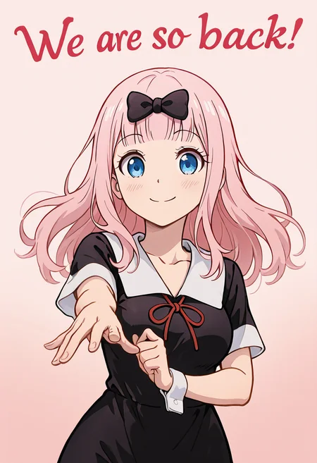 masterpiece, best quality, 1girl, solo, eyelashes, (beautiful eyes), We4reSoB4ck, text, medium breasts, (curvy), fujiwara chika, kaguya-sama wa kokurasetai ~tensai-tachi no renai zunousen~, 1girl, blue eyes, pink hair, long hair, blunt bangs, hair bow, large breasts, collarbone, shuuchiin academy school uniform, shuuchiin academy school uniform, black dress, black bow dynamic pose, foreshortening, (upper body), smile, looking at viewer, gradient background, ,<lora:We4reSoB4ck_IXL_v1:1.0>,