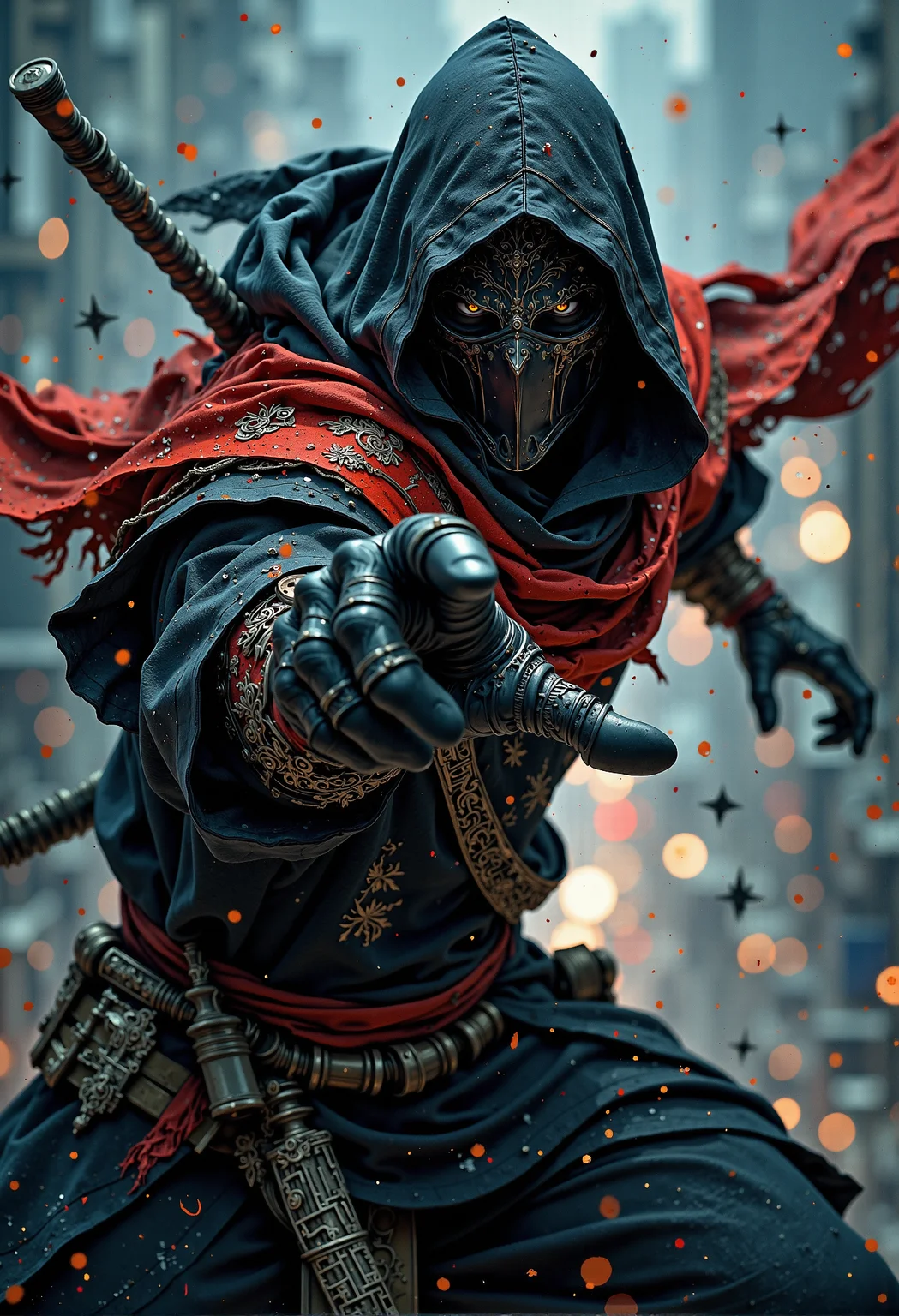A highly skilled ninja in mid-action, captured at a dynamic Dutch angle. The ninja is in the midst of throwing multiple shurikens directly towards the viewer, their movement swift and precise. Their black and red armor contrasts sharply with the surrounding environment, while the glint of metal from the shurikens catches the light, creating a sense of immediacy and danger. The ninja's expression is one of focus and intensity, eyes narrow under their mask, as the wind catches their flowing scarf and loose clothing. The background is blurred in motion, heightening the feeling of speed, with a dark, moody setting—perhaps a rooftop at night, with city lights faintly glowing in the distance. Dust and debris swirl in the air as the shurikens slice through it, adding a gritty texture to the scene. The overall atmosphere is tense, action-packed, and thrilling. mythp0rt. <lora:FluxMythP0rtr4itStyle.safetensors:0.5>, <lora:Elden_Ring_-_Yoshitaka_Amano.safetensors:1.0>,