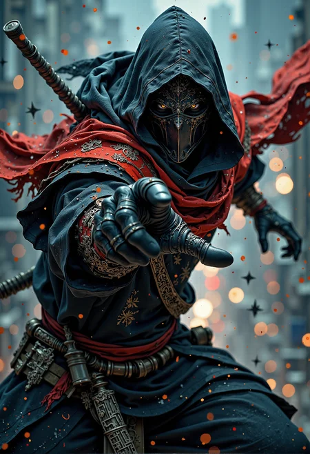 A highly skilled ninja in mid-action, captured at a dynamic Dutch angle. The ninja is in the midst of throwing multiple shurikens directly towards the viewer, their movement swift and precise. Their black and red armor contrasts sharply with the surrounding environment, while the glint of metal from the shurikens catches the light, creating a sense of immediacy and danger. The ninja's expression is one of focus and intensity, eyes narrow under their mask, as the wind catches their flowing scarf and loose clothing. The background is blurred in motion, heightening the feeling of speed, with a dark, moody settingâperhaps a rooftop at night, with city lights faintly glowing in the distance. Dust and debris swirl in the air as the shurikens slice through it, adding a gritty texture to the scene. The overall atmosphere is tense, action-packed, and thrilling. mythp0rt. <lora:FluxMythP0rtr4itStyle.safetensors:0.5>, <lora:Elden_Ring_-_Yoshitaka_Amano.safetensors:1.0>,