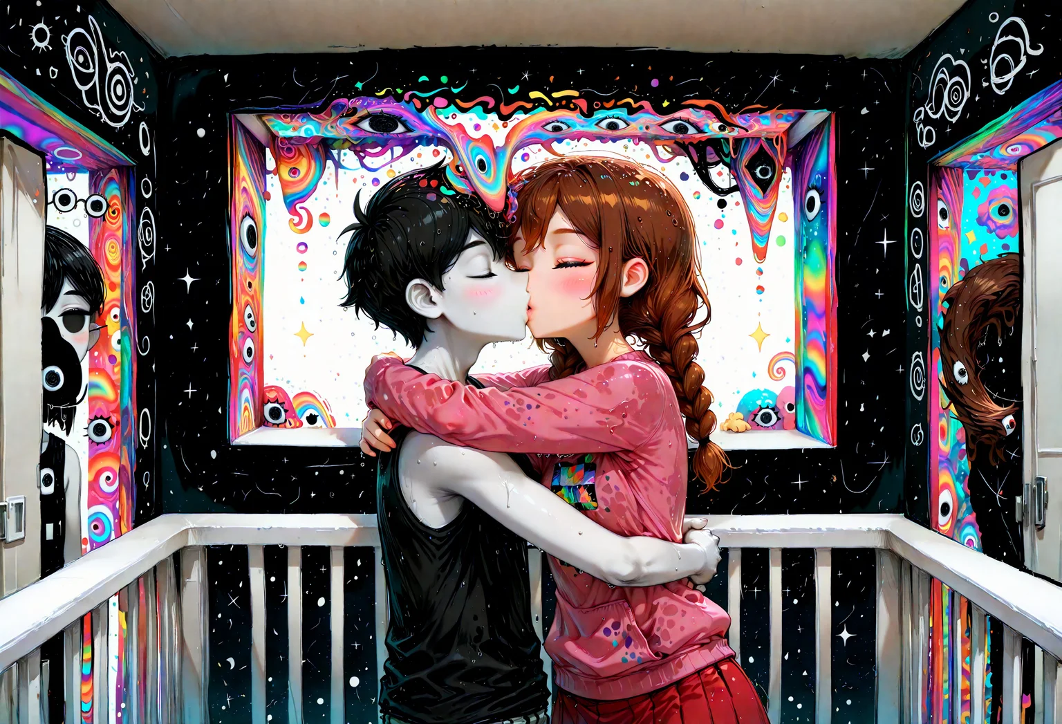 <lora:Hugging:1> hugginganother, 1boy, 1girl, hug, couple1boy,omori,short hair black hair,black eyes,open eyes,glasses,black tank top,sketch,pale,taller,tall,happy,blushing,pale skin1girl,mad0tsuki, 1girl, closed eyes,solo, twin braids, brown hair, short,long hair, pink sweater, red skirt,kissing,hugging,romantic,couple,mind blowing,open head,chocopizza, balcony,masterpiece,detailed,very aesthetic,best quality,cinematic,epic,wet clothes,absurdres,emotional,intense,rainbow,psychedelic cats out of the window,cute monsters,trippy,acidillust,Lucid tides,abstract,abstract cat,mind blowing,stark contrast,high satured,surreal,surrealism,dreamcore,WRDCR style,weirdcore,y2kmad,wallpaper,4ur4_illu,shiny