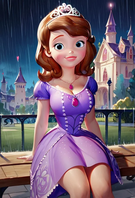score_up_8, score_up_9, 1girl, violet dress, mini dress, sofia_the_first, tiara, necklace, brown hair, large breasts,background near castle, rain, night sky, at park, sitting on bench, looking at viewer, huge cleavage, seducative smile, sex provocation