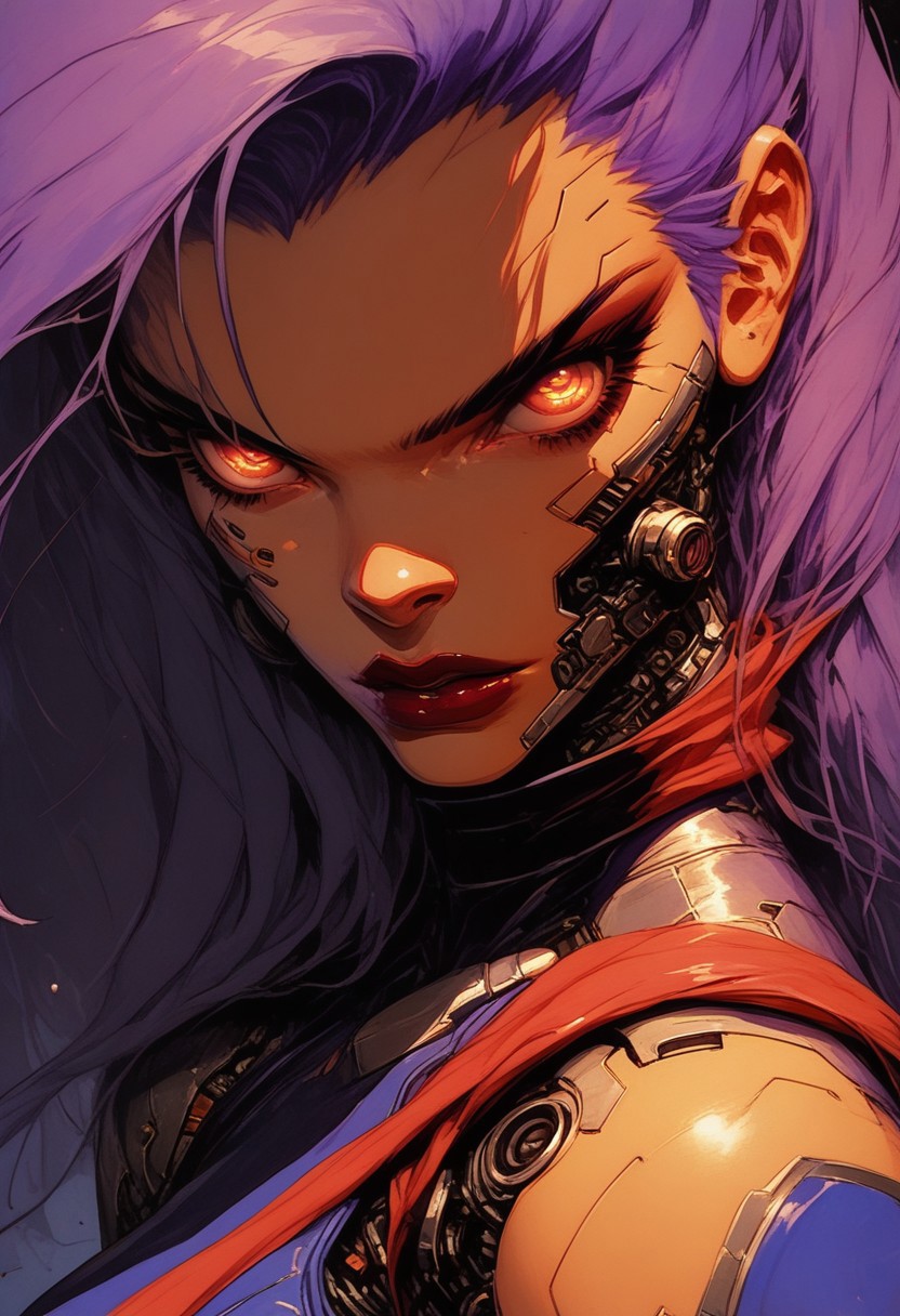 score_9, score_8_up, score_8, (curvy), detailed face, detailed eyes, 1girl, solo, Psylocke_DG, purple hair, long hair, lipstick, , bridal gauntlets, purple thigh boots, purple leotard, sash, belt, knva, halftone effect, retro artstyle, cyberpunk, cyborg,
sinozick style, flat color, dark theme,
upper body, looking at viewer,