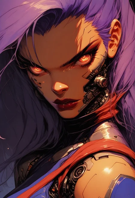 score_9, score_8_up, score_8, (curvy), detailed face, detailed eyes, 1girl, solo, Psylocke_DG, purple hair, long hair, lipstick, , bridal gauntlets, purple thigh boots, purple leotard, sash, belt, knva, halftone effect, retro artstyle, cyberpunk, cyborg,
sinozick style, flat color, dark theme,
upper body, looking at viewer,