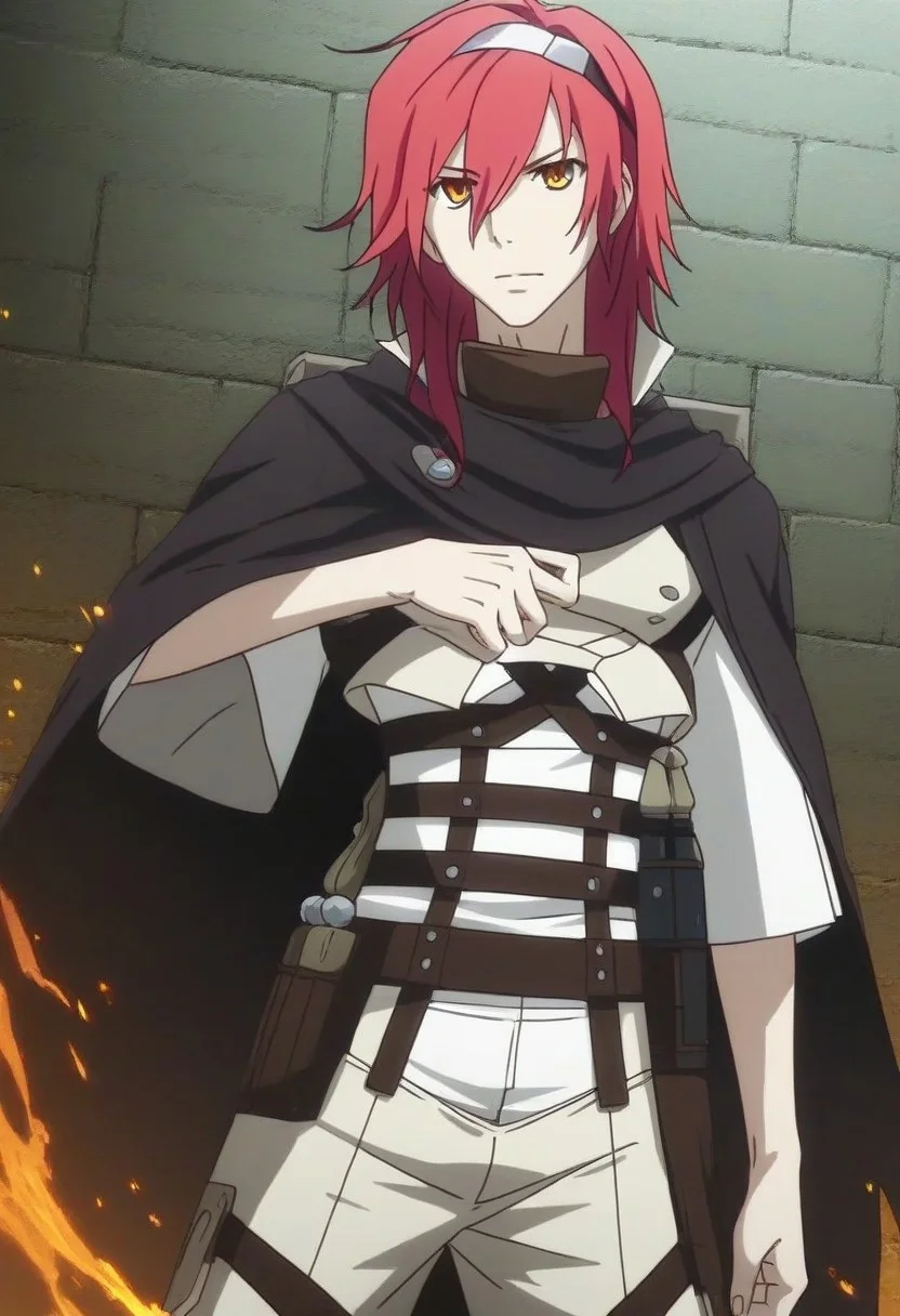 ((masterpiece)), ((best quality)), ((ultra-detailed)), ((absurdres)), score_9_up, score_8_up, score_7_up,
HD, top quality, best quality, amazing quality, High-quality illustrations, anime screencap, source_anime, best aesthetic, perfect proportions, perfect eyes, 1boy, 1male, solo boy, solo male, male focus, solo male focus, Anime, boy, male anime character, anime boy, handsome, sexy, cute, charming, ((tall body, tall height)), ((lean body, slim body)), Adlet Myer, gradient hair: red hair to orange, very long hair, tied sidelocks, metal plate headband, orange eyes, white shirt, ((leather chest pad)), black cape, leather belt straps, ((cowboy shot)), Expressiveh, masterpiece, best quality, very aesthetic, absurdres, easynegative, updn