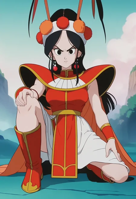 score_9, score_8_up, score_7_up, score_6_up, anime screencap, anime coloring, <lora:DBExtraGirlAnnin:0.8>, DBExtraGirlAnnin, long hair, black hair, black eyes, breasts,
jewelry, earrings, headband, antennae, shoulder armor, skirt, pelvic curtain, sleeveless, bracelet, cape, boots,
looking at viewer, on one knee, serious,