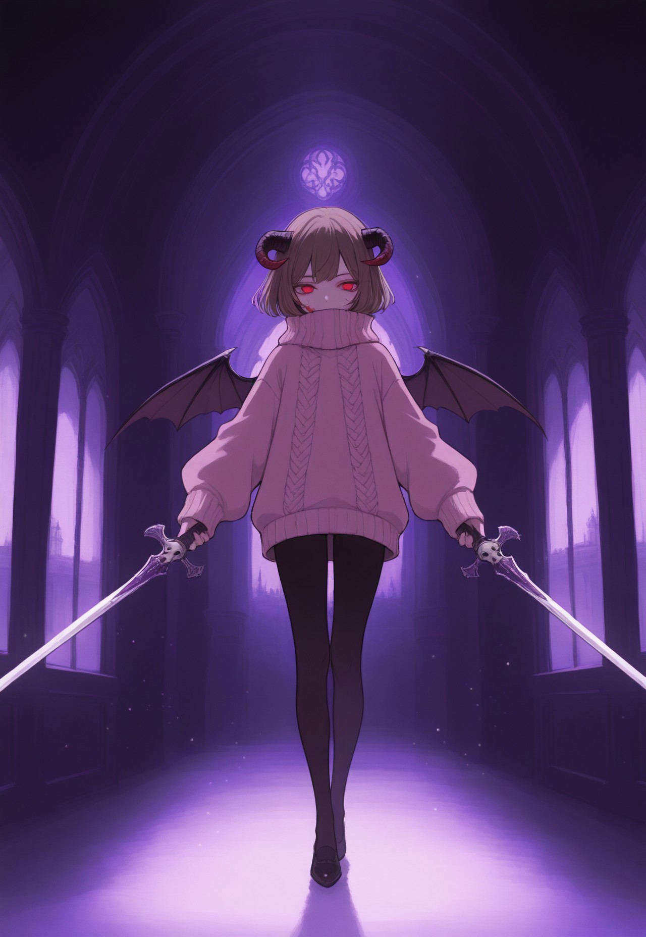 solo, ethereal, ultra-detailed, cinematic lighting, halfturned, particles, mesmerizing, fullbody, 

purple theme, kingdom background, castle hallway, 

blood covered face, 
holding_sword, dual_wielding, purple swords, skull sword decoration, 

1girl, draconian, (short brown hair) , red eyes, dark horns, dark small demon wings, pink sweater, oversized sweater, 

(748cmstyle:1.3), 

masterpiece,best quality,amazing quality, detailed, 
