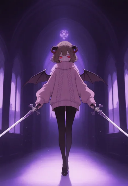 solo, ethereal, ultra-detailed, cinematic lighting, halfturned, particles, mesmerizing, fullbody,
purple theme, kingdom background, castle hallway,
blood covered face,
holding_sword, dual_wielding, purple swords, skull sword decoration,
1girl, draconian, (short brown hair) , red eyes, dark horns, dark small demon wings, pink sweater, oversized sweater,
(748cmstyle:1.3),
masterpiece,best quality,amazing quality, detailed,