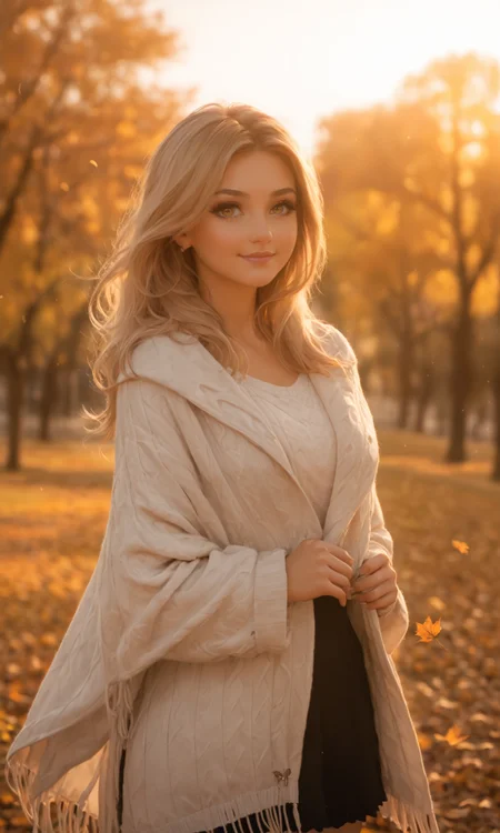 photorealistic, A woman in her 20s, platinum blonde hair, long eyelashes, thick eyelashes, makeup, glamourous, interesting black eyeliner, autumn attire, park scene, golden hour, serene expression, detailed facial features, warm smile, cozy clothing, autumn leaves, setting sun, warm, golden lighting, intricate fabric details, gentle breeze, peaceful atmosphere, ultra-high resolution, natural skin tone, light makeup, autumn hues, wide shot, medium shot, close-up, low-angle shot, high-angle shot, side profile, standing pose, walking through park, hair flowing in breeze, blurred autumn background, hyper-detailed environment, warm glow, tranquil park scene, falling leaves, balanced composition, dynamic stance, fluid motion, emotional connection, serene mood
<lora:polyhedron_golden_hour_000006:1> golden hour, sunset, sunrise