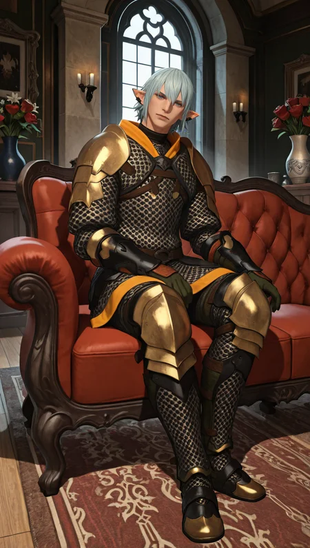 masterpiece,best quality,absurdres,newest,perfect quality,best quality,absolutely eye-catching,detailed background,male focus,solo,realistic,<lora:FFXIV - Haurchefant Greystone - Illustrious-000006:0.7>,hgreystone,1boy,adult male,elezen,pointy ears,silver blue hair,short hair,blue eyes,ear cuffs,chainmail armor,gauntlets,leg armor,armored thigh boots,indoors,manor,sitting,sofa,looking at viewer,head tilt,vase,flowers,chairs,windows,rug