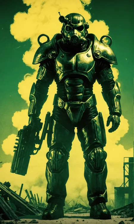 illustration style, parody, high resolution, high contrast, crisp, sharp, UHD, HDR, ((masterpiece, best quality)), absurdres, solo, (screencap), highly detailed, dark scenery, (((portrait))),
<lora:Liquid_Chrome_Style_-_SDXL:0.25> T-60 power armor made out of liquid chrome, post apocalyptic style, intricate, In the style of the Fallout series video games,
<lora:Power Armour v2.0:0.25> T-60 power armor, science fiction, solo, gun, green sky, scenery, gas mask, radiation cloud, mask, cable, standing, holding a gun weapon, 
<lora:- SDXL - sqrhmmr _Square-Hammer_Style_V1.0:1> ((tint, glow, sqrhmmr style, green and yellow)),