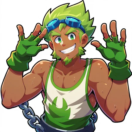 score_9, score_8_up, WakfuMMOArt, half body, medium shot, cartoony, 2d, highres, solo, 1boy, male focus, goggles, sweat, upper body, chain, outline, teeth, simple background, gloves, smile, green hair, green beard, green face, no nose, goggles on head, straight-on, grin, tank top, white outline, dark-skinned male, hands up, looking at viewer, cropped torso, Male Sadida,
