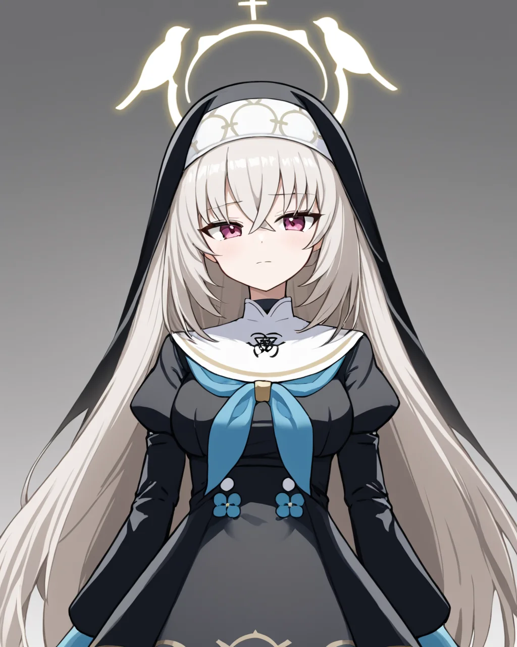 sakurako \(blue archive\),1girl, false_smile, anger_vein, solo, shaded_face, nun, white_background, halo, simple_background, sleeves_past_fingers, habit, closed_mouth, long_sleeves, dress
<lora:sakurako_(blue_archive)_image854_2023-11-28-000015:1>halo. gorgeous,key visual, vibrant, studio anime,award-winning, professional, highly detailed,high budget, cinemascope