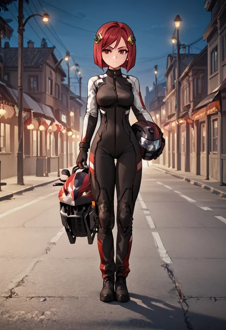 score_4,score_5,score_6,score_7_up,score_8_up,score_9
((masterpiece,best quality,ultra detailed,highres,HD,4k:1.2)),
chibi,fullbody,deformed, deformed characters,
1girl, solo, girl forcus,solo forcus,
outdoors,
red hair,red eyes,short hair,hair ornament,large breasts, rider suit,bodysuit,gloves, ((Rider suit, black rider suit,sexy rider suit,))Bikes, standing near bikes,headwear removed,Night, highway, street lights, Expressionless,