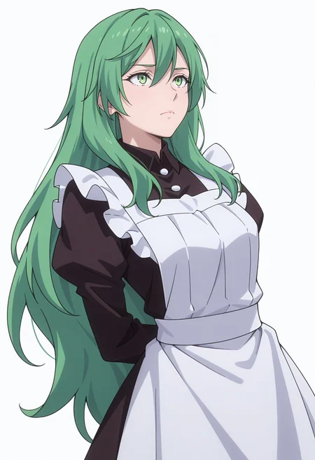 Smooth Quality,masterpiece,very intricate, high quality details, ultra realistic, high detailed skin,detailed enviorement,absurdres,
simple background, white background, 
dutch angle,standing, arms behind back, looking up, calm expression, relaxed posture,  ,sad,
 <lora:Misery_cnn:0.8> 1girl, green hair, green eyes, hair between eyes, frown, very long hair, sidelocks,dress, shirt,maid apron, puffy sleeves, long sleeves, juliet sleeves, enmaided,