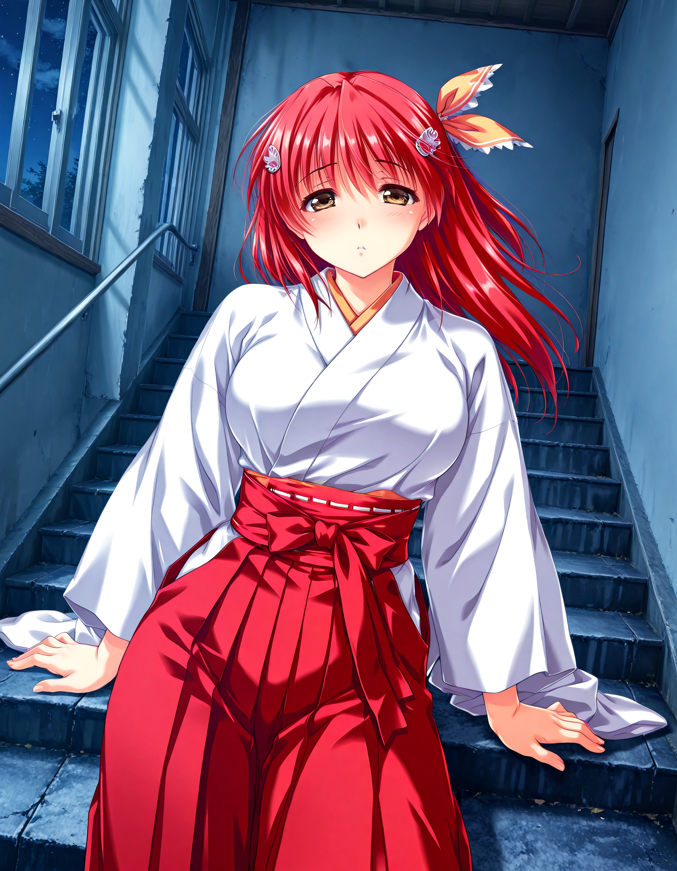 (1girl, solo:1.3), (2girls, 3girls, 4girls, multiple girls, 2boys, 3boys, 4boys, multiple boys:-1.5) <lora:Kohinata_Yuuka_Koi_Mekuri_Clover_Illustrious:0.9>, kohinata_yuuka, large breasts, brown eyes, red hair, long hair, bangs, hair between eyes, hair ribbon, hair ornament, miko, japanese clothes, red hakama, (pout:0.7), (half-closed eyes:0.7), general, contrapposto, dynamic pose, outstretched arms, upper body, straight-on, pov, dutch angle, indoors, school, (stairs:1.1), down stairs, sitting on stairs, <lora:NOOB_EPSv1_1_detailer_by_vlnvk_v1_0:1.5>, (photo background:0.7), night, (tachibana yuu:0.6), inue shinsuke, (kazuma muramasa:0.0), saikawa yusa, (aoi manabu:0.6), abarerumidori, (suzui narumi:0.6), masterpiece, newest, absurdres, 8K, anime screenshot, anime coloring, flat color, official art, film grain, <lora:illustriousXLv01_stabilizer_v1.185c:0.7>, <lora:LECO_Solo:-4.0>,