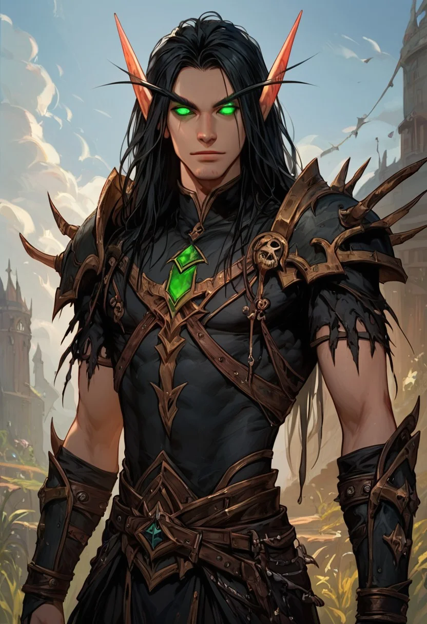 score_9, score_8_up, score_7_up, score_6_up, Expressiveh, masterpiece, perfect face, male Warlock standing, small raven sitting on shoulder , black and green clothes, green eyes, dark black hair, Magic particals, solo, (((1man))), man blood elf, ((male)), ((masculine)), solo, warlock, punk man, goth, tall man, pointy ears, long ears, green eyes, glowing eyes, ((light tanned skin)), black hair, combed hair, long hair, armored outfit, cruel smirk, hellish background, outdoors, skulls, vivid colors, cloudy day, masculine pose, villain pose, cowboy shot, dynamic pose,