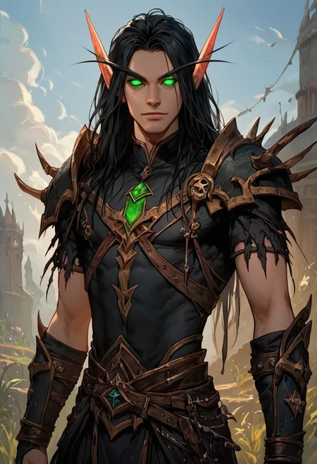 score_9, score_8_up, score_7_up, score_6_up, Expressiveh, masterpiece, perfect face, male Warlock standing, small raven sitting on shoulder , black and green clothes, green eyes, dark black hair, Magic particals, solo, (((1man))), man blood elf, ((male)), ((masculine)), solo, warlock, punk man, goth, tall man, pointy ears, long ears, green eyes, glowing eyes, ((light tanned skin)), black hair, combed hair, long hair, armored outfit, cruel smirk, hellish background, outdoors, skulls, vivid colors, cloudy day, masculine pose, villain pose, cowboy shot, dynamic pose,