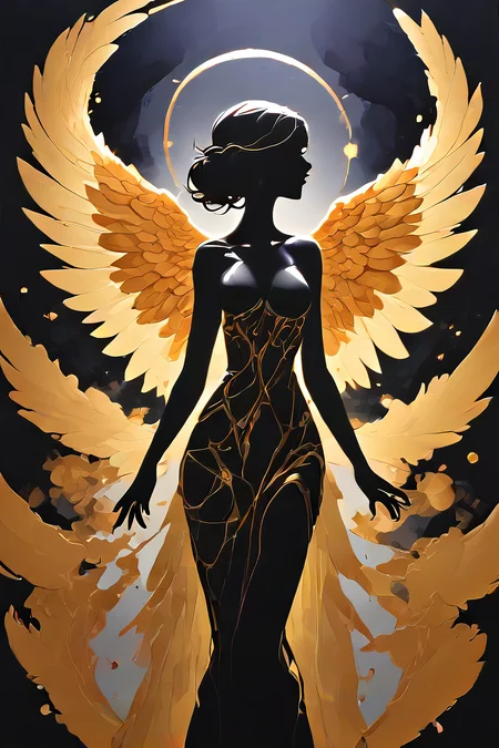 score_9,score_8_up,<lora:Turbo_XL:1>,<lora:Silhouette_with_Gold_Foil-05:1>,silhouette_with_gold_foil,abstract,silhouette of angel,wings,halo,