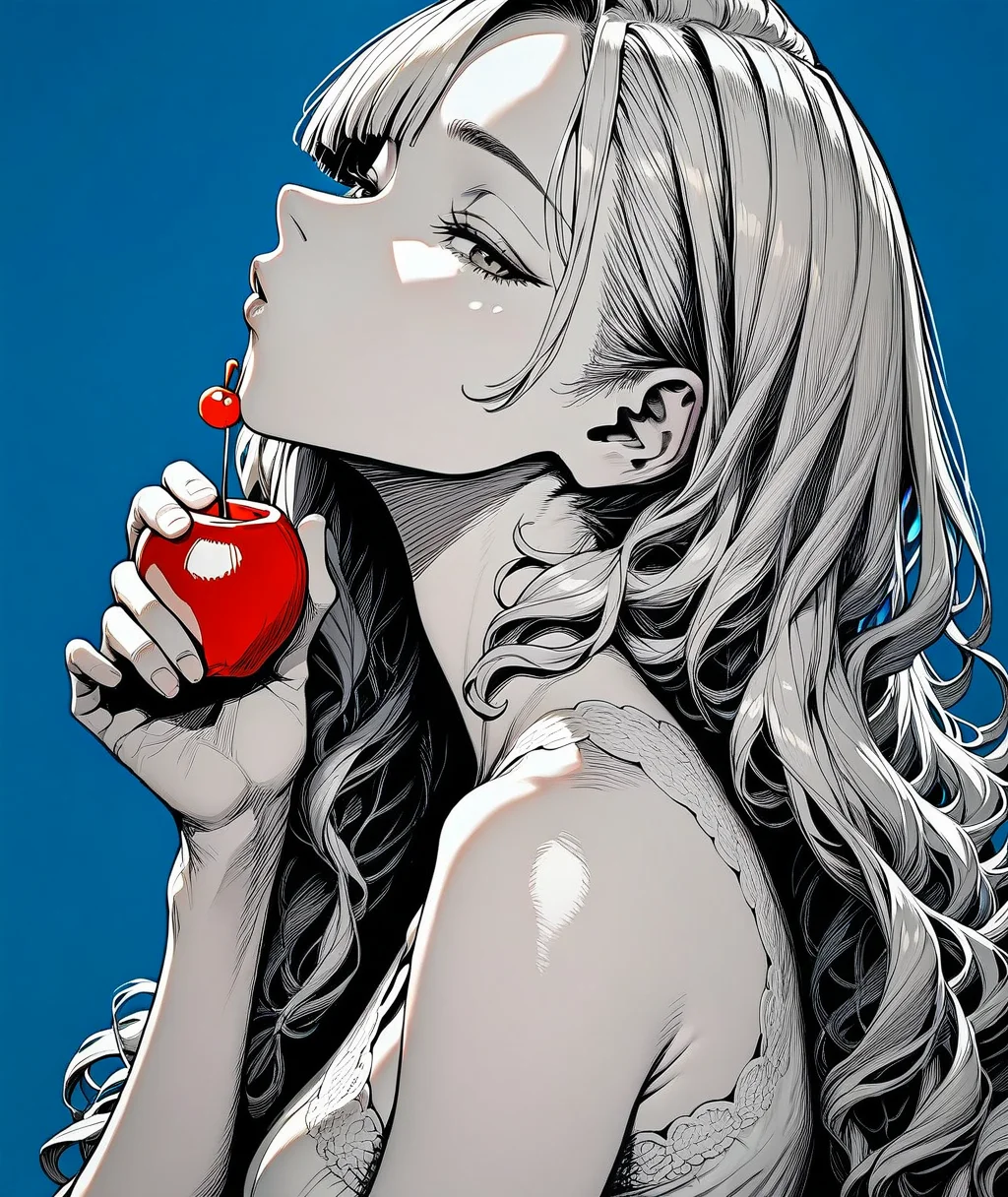 score_9, score_8_up. score_7_up, uncensored, <lora:coffee2hai:1> coffee2hai, score_9, coffee2hai, 1girl, long hair, upper body, greyscale with colored background, blue background, simple background, spot color, looking at viewer, holding fruit, cherry, holding food, half-closed eyes, candy, from side, wavy hair, monochrome, bare shoulders, parted lips, eyelashes