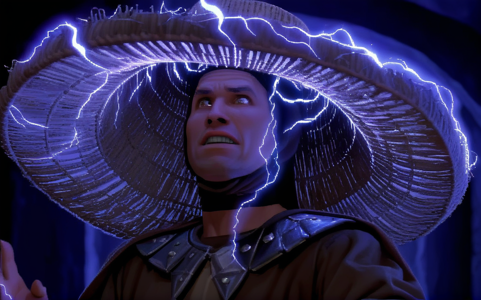 <lora:bigtroubleinlittlechina sdxl - damocles_aaa:0.9> <lora:lucasarts style:1.3> lucasarts style,
, 2d flat shading, pixel art, video game screenshot
,lghtn man, lightning eyes,(conjuring lighting:1.3), wearing a hat,raised hands