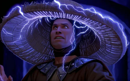 <lora:bigtroubleinlittlechina sdxl - damocles_aaa:0.9> <lora:lucasarts style:1.3> lucasarts style,
, 2d flat shading, pixel art, video game screenshot
,lghtn man, lightning eyes,(conjuring lighting:1.3), wearing a hat,raised hands