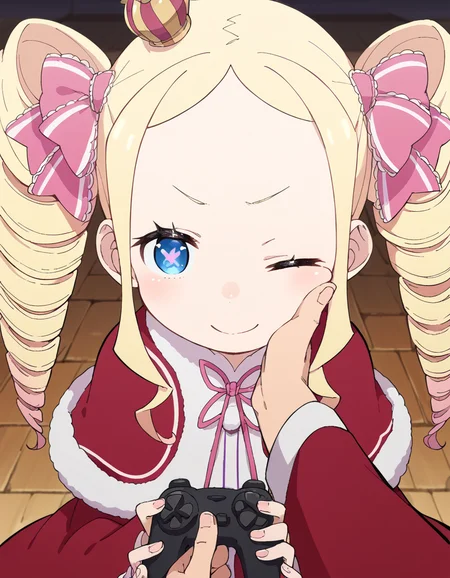 score_9, score_8_up, score_7_up, source_anime, <lora:rezero-beatrice-s3-p1-ponyxl-lora-nochekaiser:1>, beatrice, long hair, blue eyes, blonde hair, twintails, hair ribbon, sidelocks, symbol-shaped pupils, drill hair, twin drills,, dress, ribbon, fur trim, capelet, crown, mini crown, red capelet, frills, bowtie,, living room, video game, controller, competitive, fun, afternoon, , <lora:guided-hand-on-cheek-ponyxl-lora-nochekaiser:1>, guided hand on cheek, hand grab, hand on another's cheek, hand on another's face, looking at viewer, pov, pov hands, smile, blush, one eye closed, caress, caressing cheek, looking at viewer, solo,, dutch angle, cowboy shot