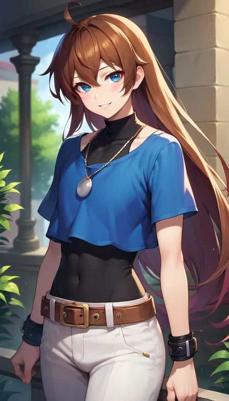 score_9,score_8_up,score_7_up,score_6_up BREAK official art,1girl,solo,outdoors,upper body,(portrait:1.5),looking at viewer,facing viewer,smile,blush,androgynous,Chris,very long hair,brown hair,sidelocks,hair between eyes,bangs,blue eyes,jewelry,necklace,blue shirt,turtleneck,black vest,vest covered navel,short sleeves,wristband,bracelet,large breasts,groin,brown belt,white pants,pants rolled up,black socks,blue boots,<lora:Chris(kof)-Pony:1.4>,