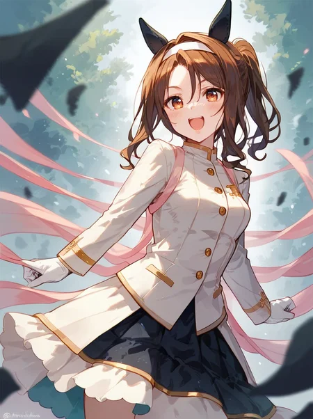score_9, score_8_up, score_7_up, masterpiece,best_quality,
king halo \(umamusume\), 1girl, horse ears, white gloves,  open mouth, smile, twitter username, long sleeves, white jacket, blush, black ear covers, white-frilled black high-low skirt, ponytail, white hachimaki, pink tasuki, closed jacket, noble white cheer attire
cowboy shot,
 <lora:pony_king_halo_v1.02:0.9>