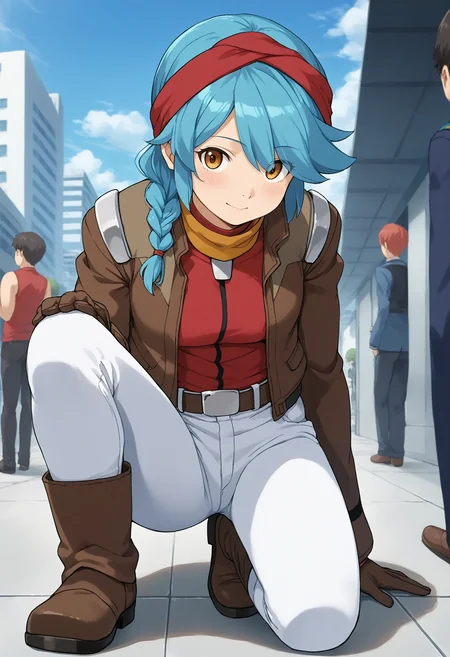 <lora:Hyper-SDXL-8steps-lora:1> <lora:Fixhands_anime_bdsqlsz_V1:1> zPDXL2, score_9, score_8_up, score_7_up, source_anime, intricate details, perfect anatomy BREAK
outdoors, city, tokyo, japan, audience, crowd, on one knee, hand on ground, elbow on knee, looking at viewer, Curious, Chin tilted up slightly, eyes wide open, and a slight smile., 1girl, solo, solo focus, 
<lora:GAGE-arisa_gunhale_XL(pony)v10:1> GAGE-arisa, green hair, hair over one eye, single braid, red hairband, brown eyes, gage-arisa outfit, yellow choker, brown jacket, red shirt, brown gloves, white pants, brown boots,