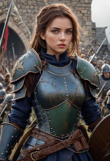 castle, score_9, score_8_up, score_7_up, score_6_up, score_5_up, extremely detailed, 1 woman, 25 years old, cute face, green eyes, small breasts, brown hair, shoulder length hair, wearing dark blue armor, holding a spear, in a battlefield in front of a castle, soldiers fighting behind her, she has blood on her shield and face, detailed, realistic