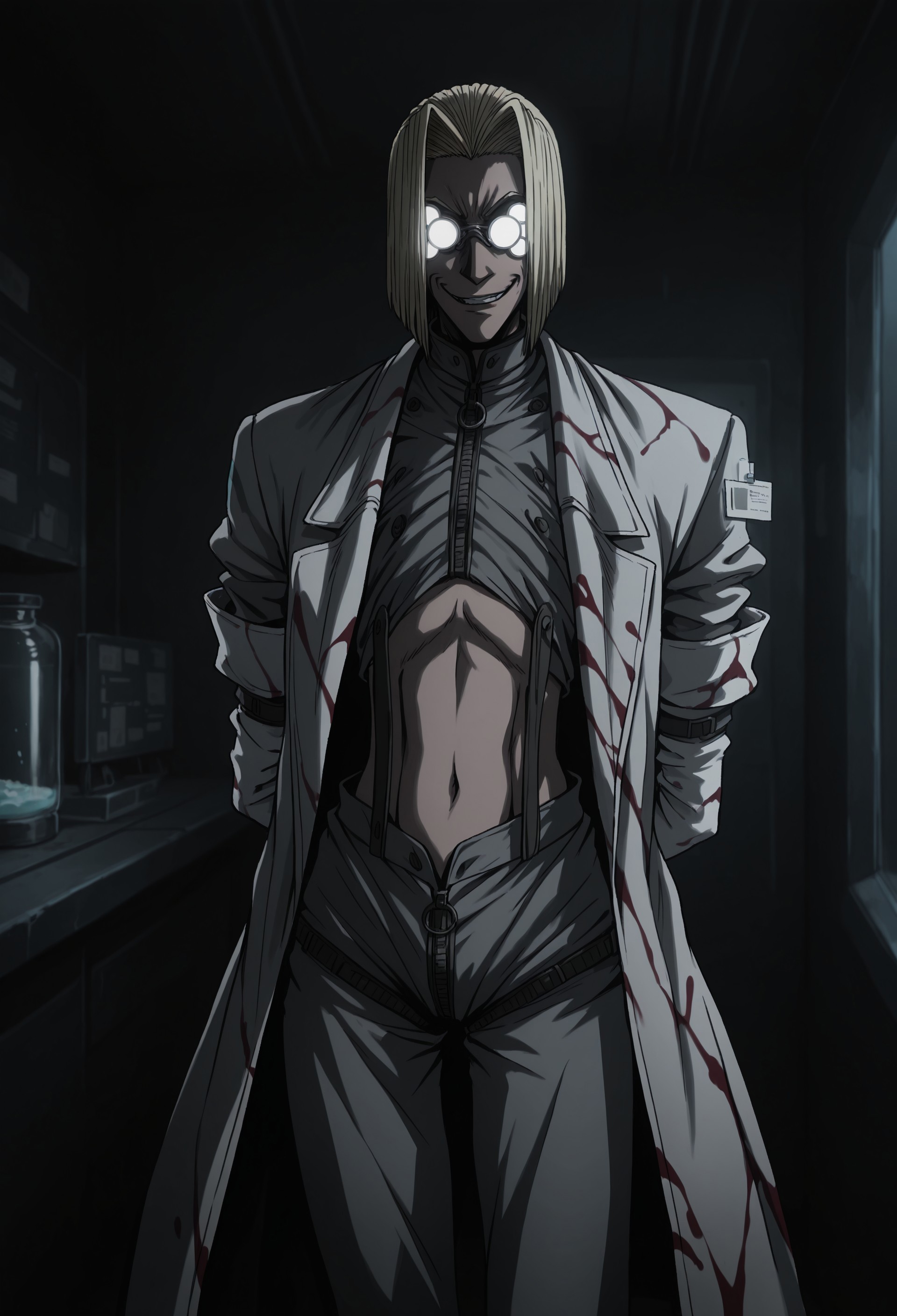 masterpiece, best quality, amazing quality, very aesthetic, DocAN, 1boy, male, solo, blonde hair, curtained hair, short hair, opaque glasses, skinny, ribs, elbow gloves, white gloves, white lab coat, grey cropped jacket, midriff, strap, crotch zipper, grey pants, black shoes, blood on clothes, standing, arms behind back, evil smirk, dark, indoors, laboratory, looking at the viewer