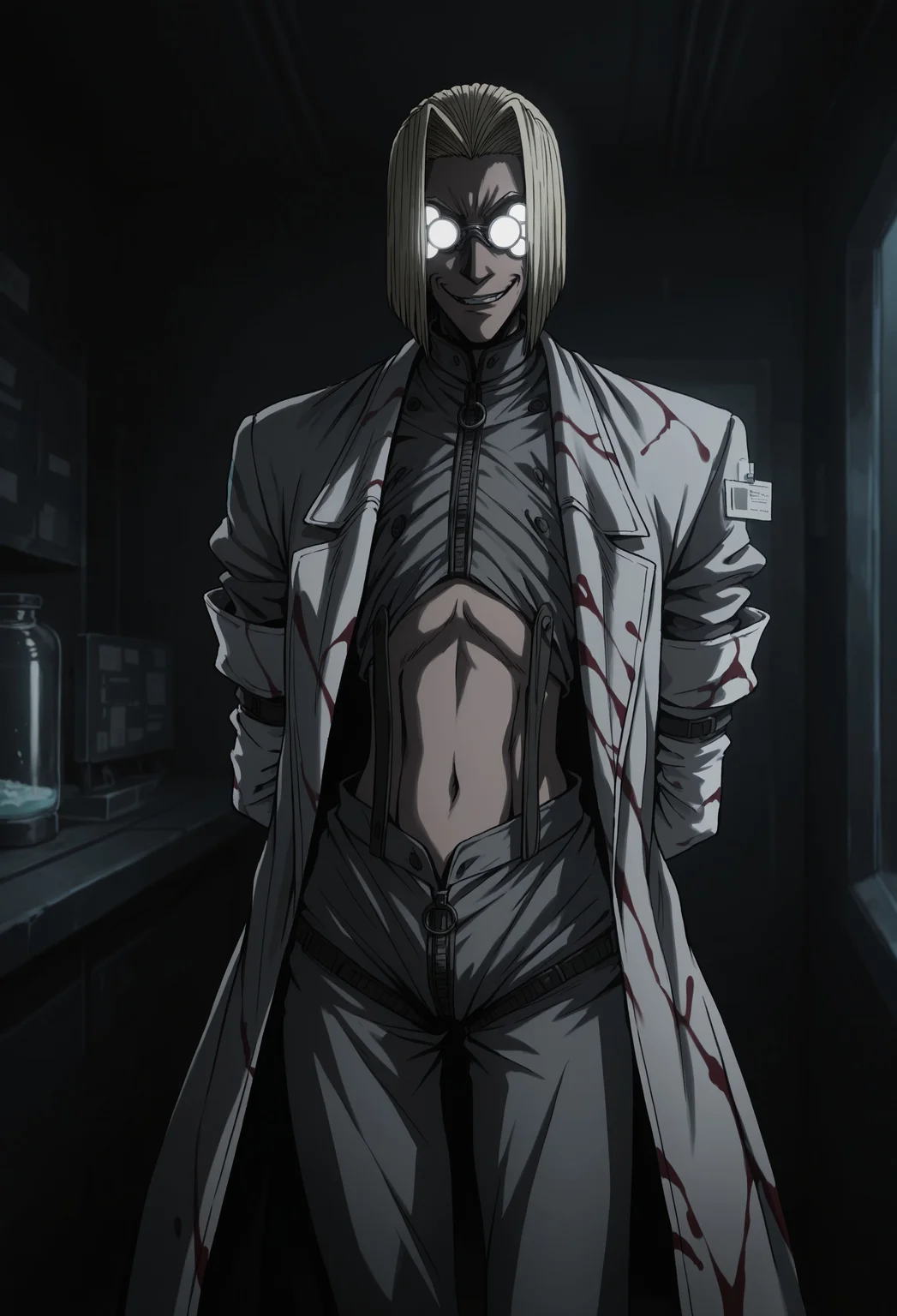 masterpiece, best quality, amazing quality, very aesthetic, DocAN, 1boy, male, solo, blonde hair, curtained hair, short hair, opaque glasses, skinny, ribs, elbow gloves, white gloves, white lab coat, grey cropped jacket, midriff, strap, crotch zipper, grey pants, black shoes, blood on clothes, standing, arms behind back, evil smirk, dark, indoors, laboratory, looking at the viewer