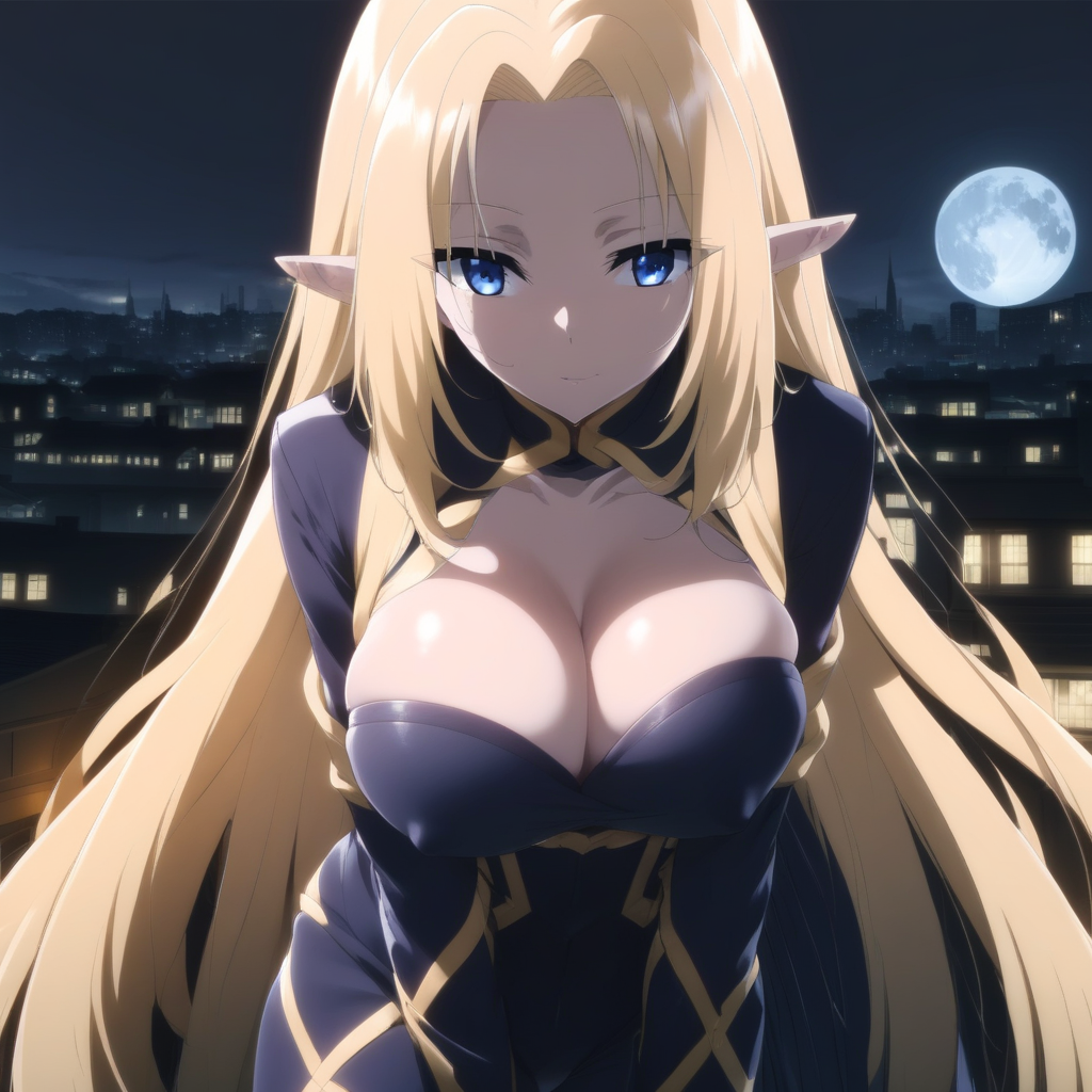 score_9, score_8_up, score_7_up, source_anime, shadowalpha, alpha, long hair, blue eyes, blonde hair, pointy ears, elf, cleavage, clothing cutout, cleavage cutout, bodysuit, black bodysuit, outdoors, cityscape, night, moon, looking at viewer, dutch angle,